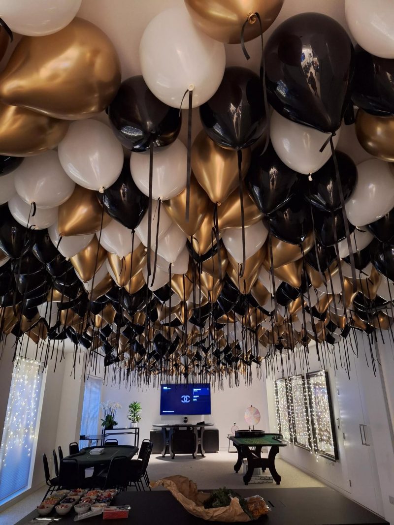 Chanel Christmas Party Balloon Ceiling - White, Black and Gold Ceiling Balloons - Large1